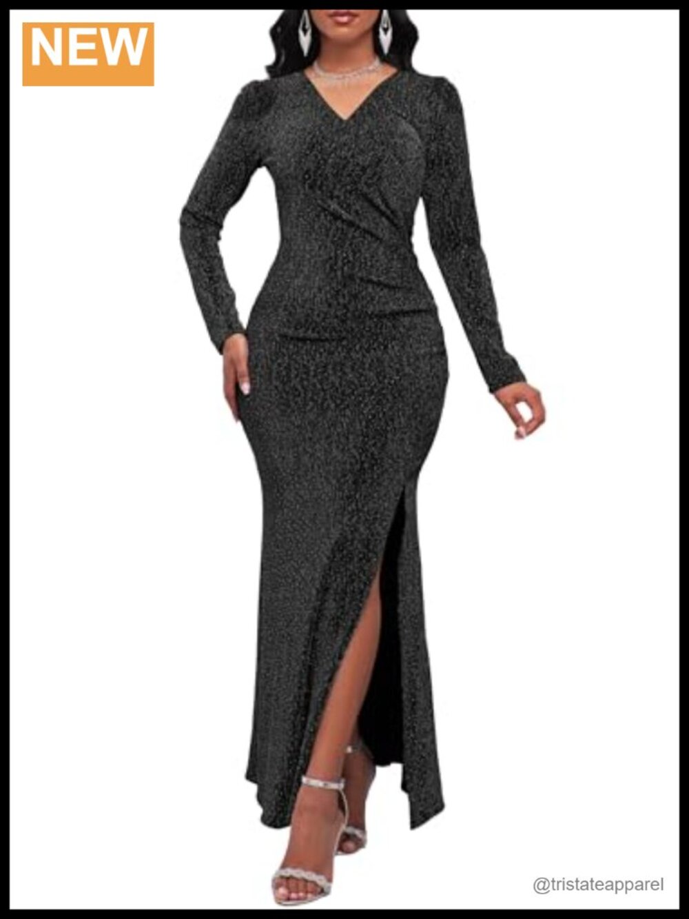 V Neck Sequin Long Sleeve Bodycon Maxi Evening Gown Dress